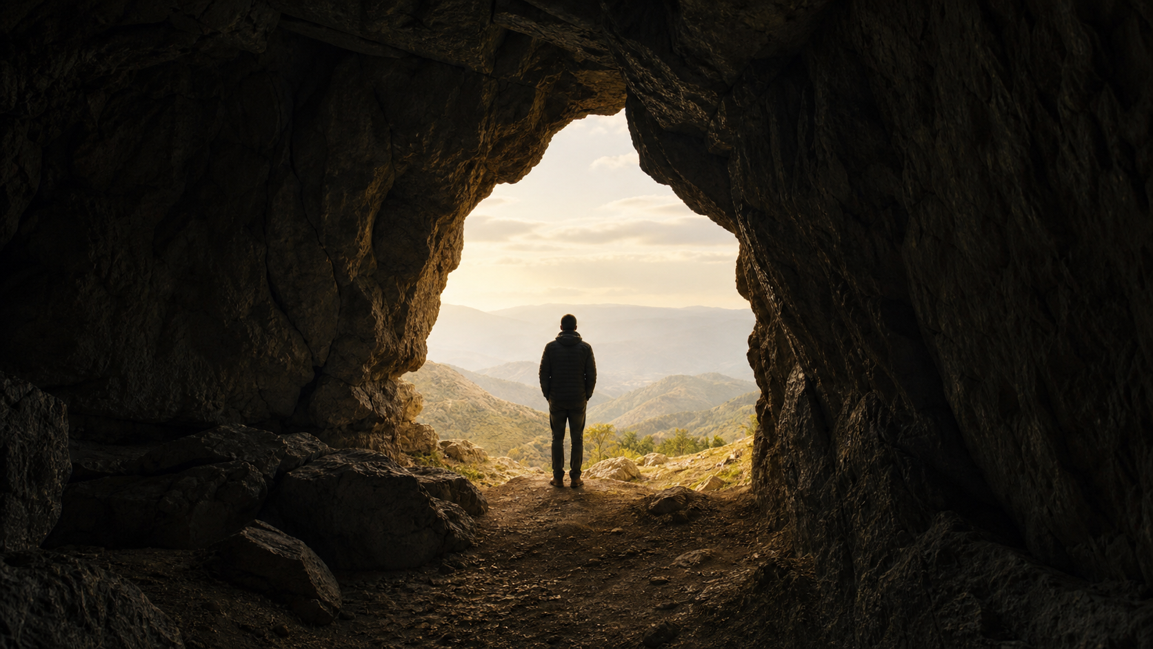 Ein Mensch steht am Ausgang einer dunklen Höhle und blickt ins Licht.